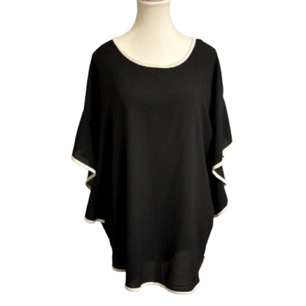 Black Poncho Top Made in USA Contrast Trim Flutter Sleeve Oversized - L - Picture 2 of 10